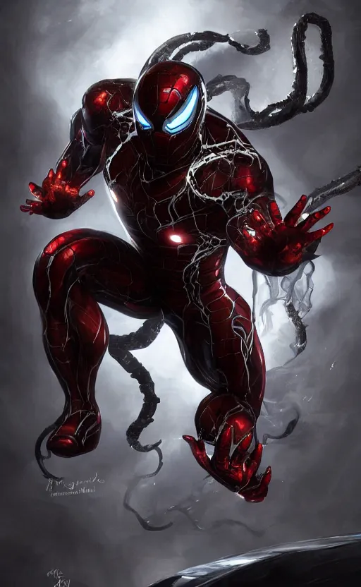 Image similar to venom as ironman, dynamic lighting, photorealistic fantasy concept art, trending on art station, stunning visuals, terrifying, creative, cinematic