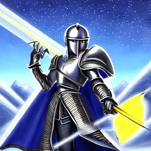 Image similar to paladin wearing silver amour with mirror finish, wielding a longsword that gleams like the sun. he is wearing a teutonic helmet, inside his eyes glow like the sun. sonic the hedgehog is also there. background of snowy mountains. fantasy painting.