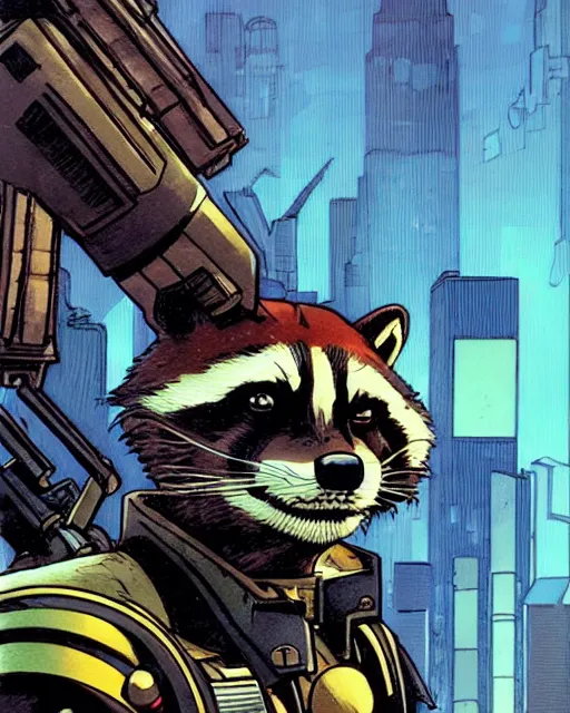 Image similar to a close up portrait of rocket raccoon, weapon on a ready looking determined overlooking a cyberpunk city in the background, full face portrait composition, 2D drawing by Mike Mignola, Yoji Shinkawa, flat colors, chiaroscuro