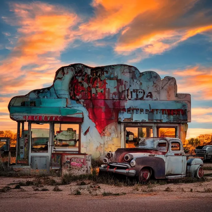 Image similar to a sunset light landscape with historical route 6 6, lots of sparkling details and sun ray ’ s, blinding backlight, smoke, volumetric lighting, colorful, octane, 3 5 mm, abandoned gas station, old rusty pickup - truck, beautiful epic colored reflections, very colorful heavenly, softlight