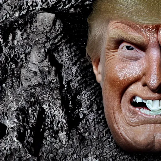 Image similar to photo inside a cavern of a wet reptilian humanoid trump partially hidden behind a rock, with black eyes, open mouth and big teeth