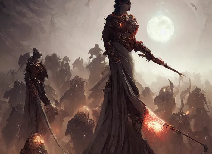 Image similar to beautiful as the moon, terrible as an army with banners. art by james paick and greg rutkowski