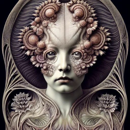 Image similar to detailed realistic porcelain beautiful calaveras goddess face portrait by jean delville, gustave dore, iris van herpen and marco mazzoni, art forms of nature by ernst haeckel, art nouveau, symbolist, visionary, gothic, neo - gothic, pre - raphaelite, fractal lace, intricate alien botanical biodiversity, surreality, hyperdetailed ultrasharp octane render