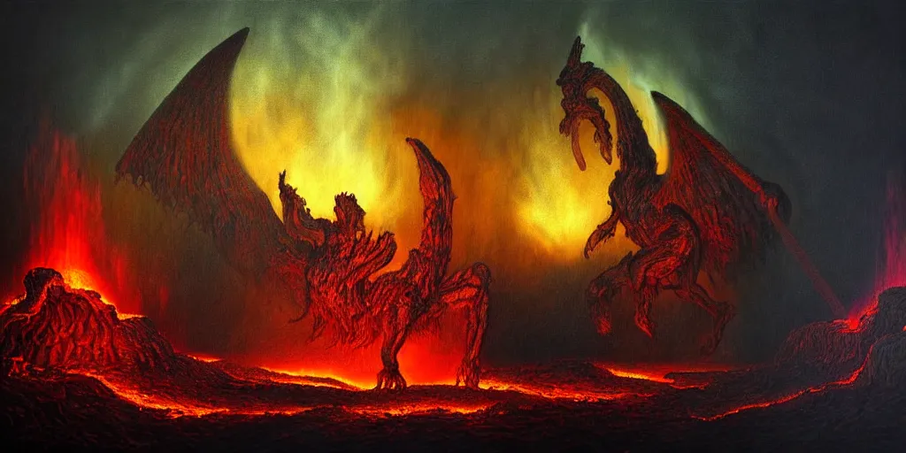 Image similar to mythical creatures and monsters at the mouth of hell, dramatic lighting glow from giant fire, in a dark surreal painting by ronny khalil