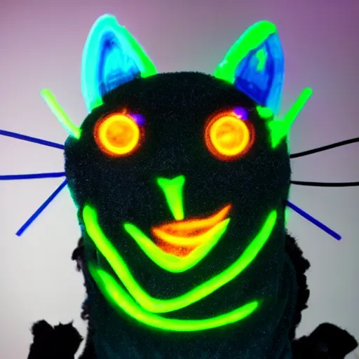 Prompt: a cat of bioluminescent aquatic themed puppets aimed to bring awareness to ocean pollution, in the style of muppets, black light, lighting from spongebob the musical on broadway, neon, real, photograph, cinematic
