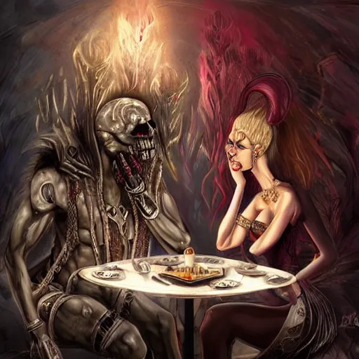 Image similar to a death god on a date with a war goddess at a fancy restaurants in the style of urban fantasy art in the style of high fantasy art Trending on artstation DeviantArt Pinterest furaffinty detailed realistic High Resolution HD 8k