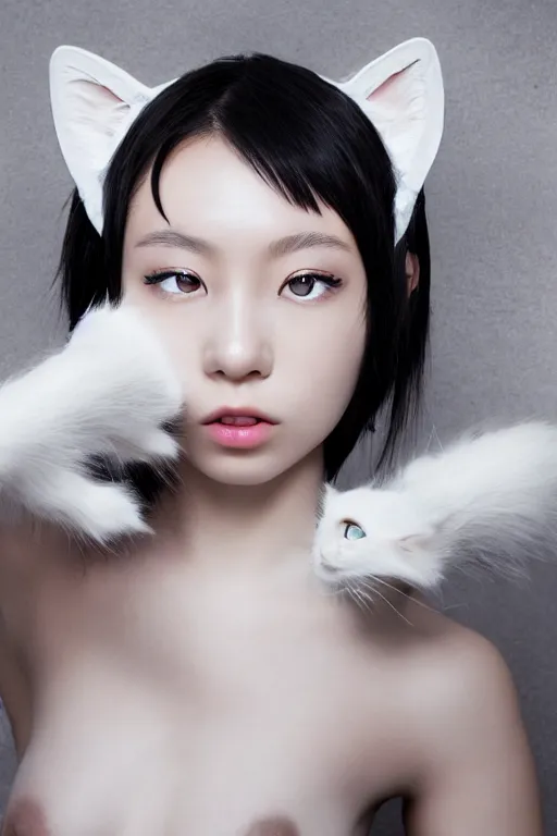 Prompt: aesthetic photograph of alluring young Japanese woman wearing white cat ears, by Nick Knight and jia ruan, headshot, cosplay, realistic, photorealistic, HD, 4k resolution