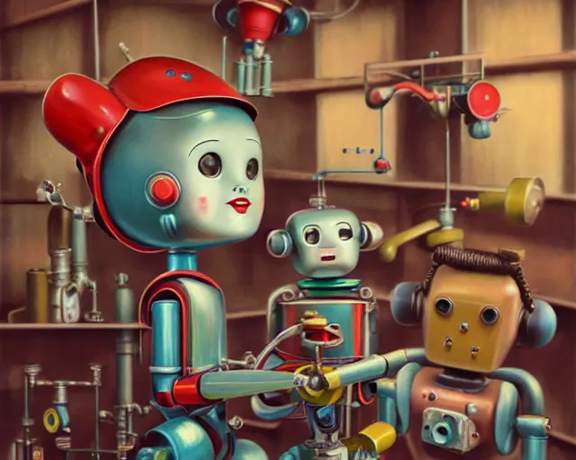 Prompt: closeup profile portrait of a 1 9 5 0 s tin toy robot factory, nicoletta ceccoli, mark ryden, lostfish, max fleischer, hyper realistic, artstation, illustration, digital paint, matte paint, vivid colors, bright, cheerful, detailed and intricate environment