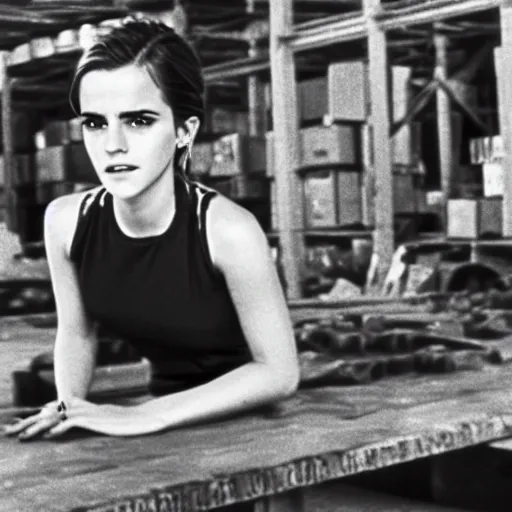 Prompt: photo, close up, emma watson in a hi vis vest, in warehouse, android cameraphone, as seen in 1 9 6 8 action movie, 2 6 mm,