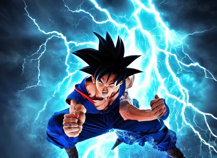 Image similar to real life goku going super saiyan, beautiful landscape, lightning storm, dramatic lightning, cinematic, establishing shot, extremly high detail, photorealistic, cinematic lighting, epic fight scene, post processed, concept art, artstation, matte painting, style by greg rutkowsky