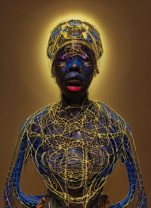 Image similar to portrait of a futuristic african voodoo wizard cyborg, made from million point clouds, in the style of ghost in the shell, kintsugi, modern fine art, fractal, intricate, elegant, highly detailed, digital photography, subsurface scattering, by jheronimus bosch and greg rutkowski,