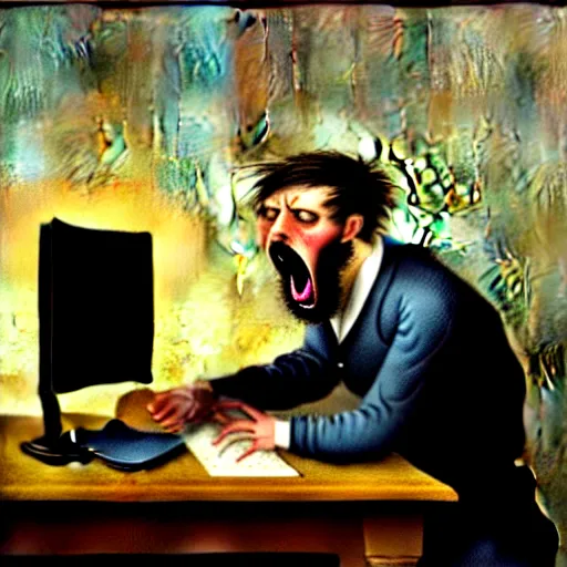 Image similar to an angry man yells at his computer monitor, oil on canvas, 1 8 8 3, highly detailed