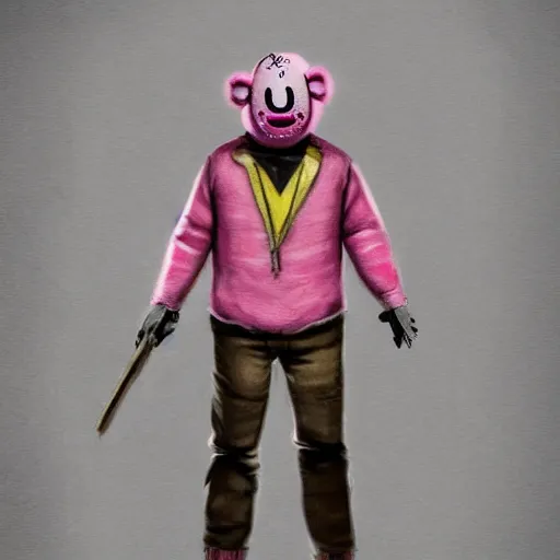 Prompt: high detail concept art of pink Mr Blobby with yellow spots as a Dead by Daylight character, 4k, terrifying, character portrait