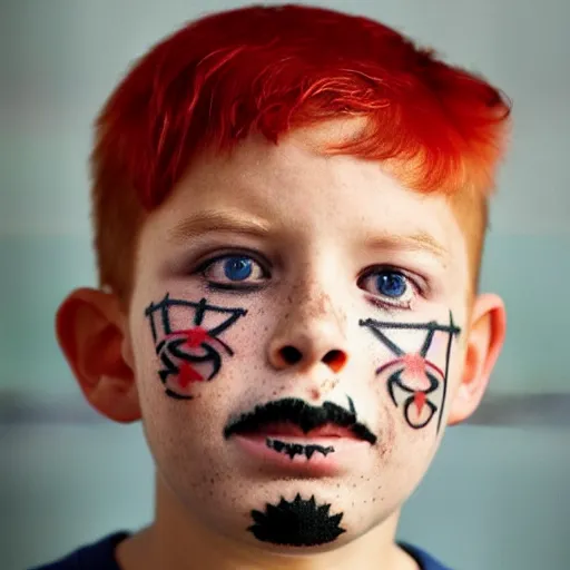 Image similar to mugshot photograph of a five year old boy with gang tattoos, facial tattoo, beard by annie leibovitz, red hair, freckles