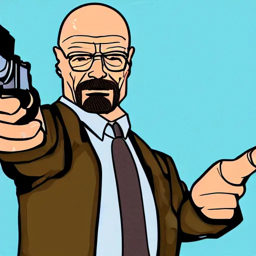 Prompt: Walter White pointing a gun at right side, accurate anatomy, highly detailed