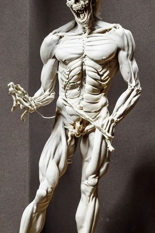 Image similar to epic and dramatic view of a statue depicting a man sculpting himself showing half of his body as a skeleton made in tannish polished marble, realistic and ultra detailed by bernini, 8 k