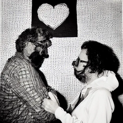 Prompt: A depiction of love on a burnt napkin, by Lucien Clergue and R. Crumb