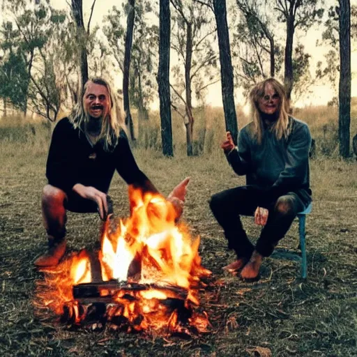 Image similar to photo of hillbilly with long blonde hair and his australian shepherd around a bonfire, symmetric face