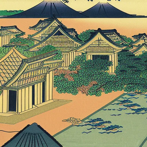 Prompt: Painting of a suburban neighborhood, Katsushika Hokusai style