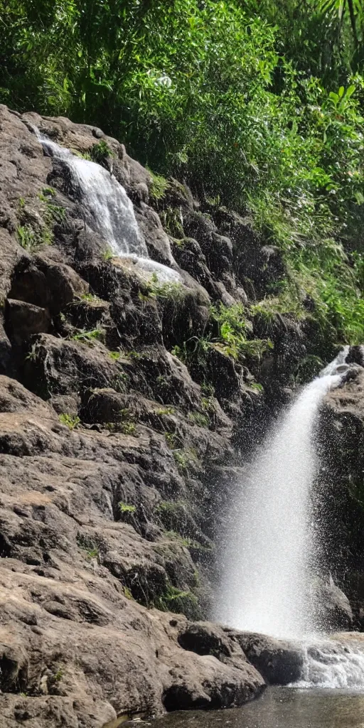 Prompt: water bottle being poured, the water coming out merges with a waterfall that is visible in the background, painting, sunny day