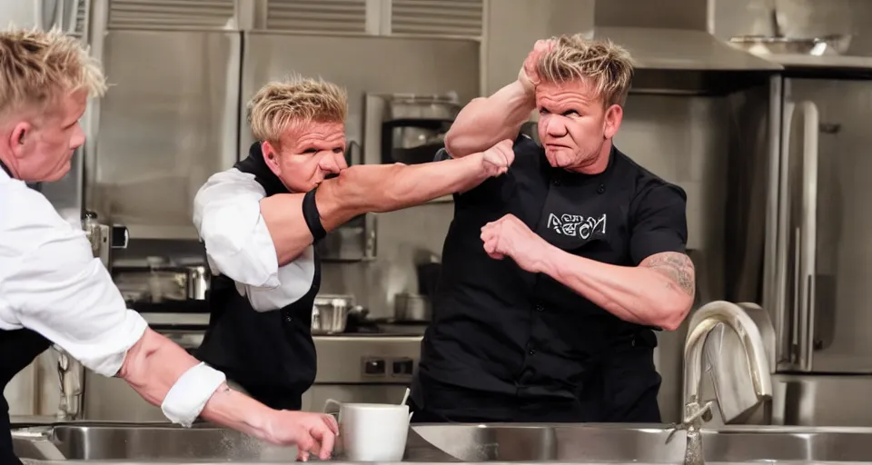 Image similar to photo of angry furious Gordon Ramsay punching Gordon Ramsay at the kitchen