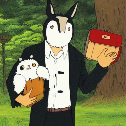 Image similar to still from studio ghibli movie My Neighbor Totoro, Hayao Miyazaki,barn owl in a black suit wearing an office bag going to the office, symetrical face,digital oil painting