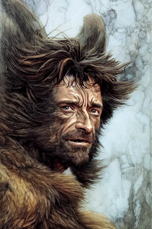 Prompt: hugh jackman as the wolfman, jean baptiste monge, alan lee, dan mumford, alex horley, cedric pavravernay, jc leyendecker, james jean, realistic painting, highly detailed