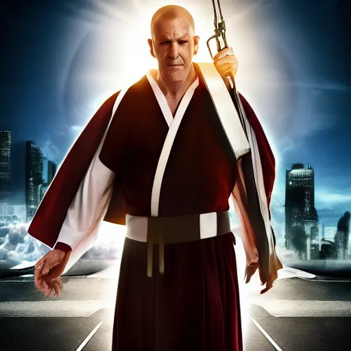 Prompt: action movie hero wearing dressed in priest\'s robes. movie poster. 4k.