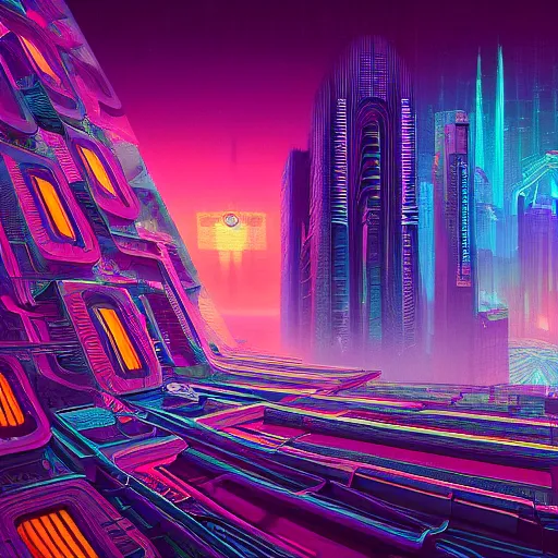 Image similar to matte painting of the sacred geometry of cyberpunk, brilliant colors, extremely detailed, very very detailed, in the style of alena aenami by Alex grey, HD, 4k, 8k