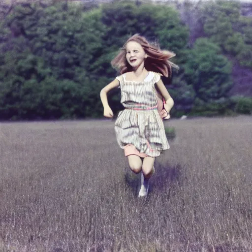 Prompt: kodachrome photo of a girl running through a field, in a dress, vintage, faded image, color bleed, grainy, motion blur, 1960s, 1950s