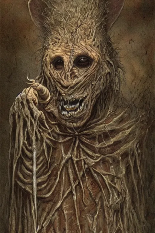 Image similar to a sniveling rat person wearing a decaying brown cloak, painting by ed binkley