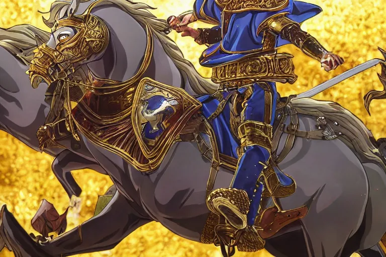 Image similar to an ultra detailed portrait of king richard the lionhearted as a shonen anime protagonist attacking riding a horse in gold armor, 8 k, volumetric lighting, in the style of disney, art by kentaro miura and akira toriyama