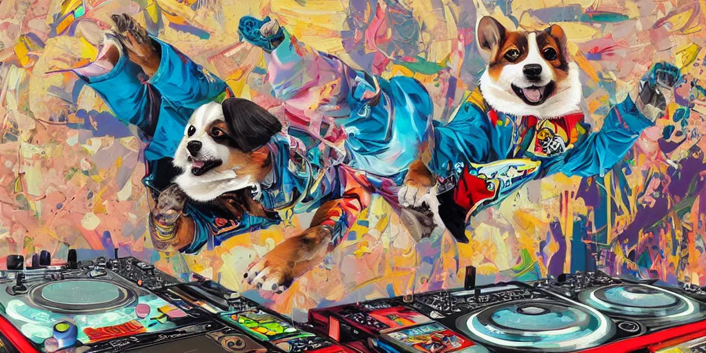 Prompt: beautiful painting of hiphop DJ corgi lofi breakdancing, by Tristan Eaton, James Gurney, greg rutkowski. trending on Artstation, 8k, masterpiece, graffiti paint, fine detail, full of color, intricate detail, golden ratio illustration, corgi