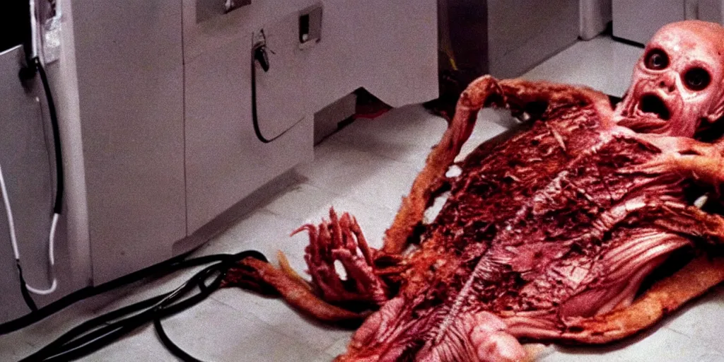 Image similar to filmic extreme wide shot dutch angle movie still 35mm film color photograph of a doctor's stomach sliced open, he is trying to hold his internal organs in place as they fall onto the floor in the style of a horror film The Thing 1982