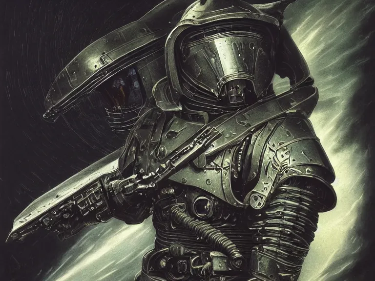 Prompt: a detailed profile painting of a bounty hunter in armour and visor, cinematic sci-fi poster. Cloth and metal. Flight suit, anatomy portrait symmetrical and science fiction theme with lightning, aurora lighting clouds and stars. Clean and minimal design by beksinski carl spitzweg giger and tuomas korpi. baroque elements. baroque element. intricate artwork by caravaggio. Oil painting. Trending on artstation. 8k