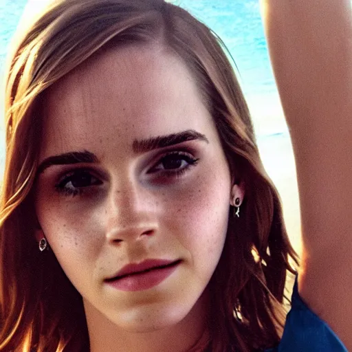 Image similar to photo, close up, emma watson in a mini skirt, on a beach, android cameraphone, 2 6 mm