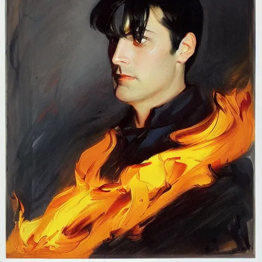Prompt: Portrait of Roy Mustang by John Singer Sargent, blazing flames, naturalistic technique, bold brushwork, light and shadow, depth. Sense of movement.