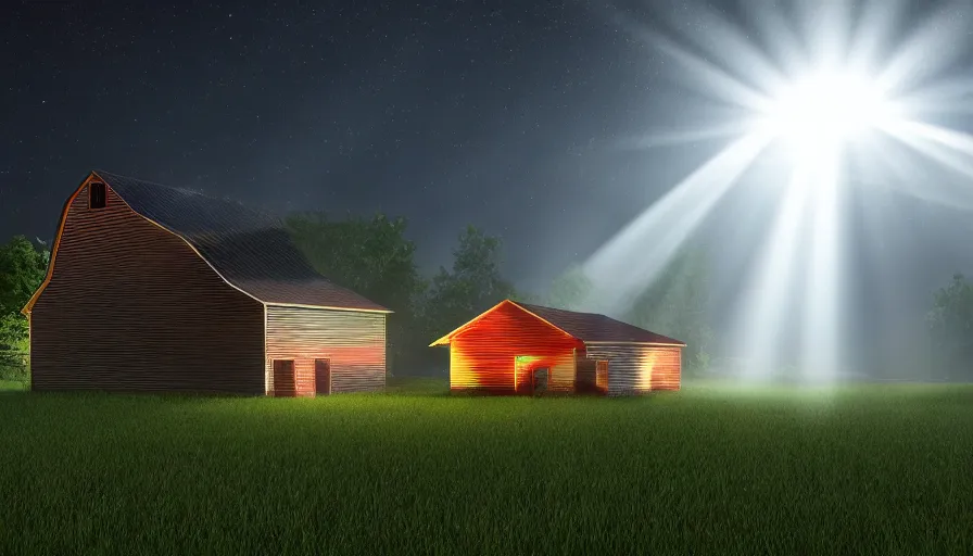 Image similar to a ufo emitting a beam of light floats over a barn with a broken roof, debris is ascending toward the ufo, volumetric lighting, night, photorealistic rendering, color palette, 8 k, hyperdetailed