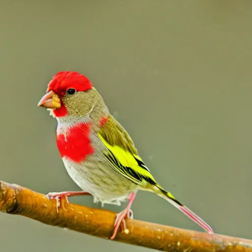 Prompt: a redbrowed finch with a magic wand in it's mouth,