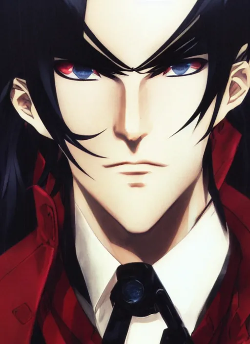 Image similar to portrait by shigenori soejima, handsome male vampire, focus on face, sword holster, long black hair, dark blue shirt, light brown coat, red eyes,