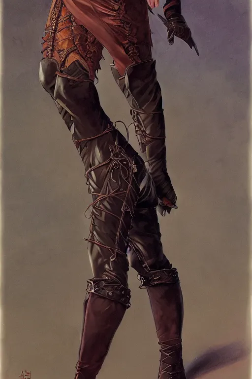 Prompt: Full body portrait of a beautiful female Half-Elf Rogue in high heeled leather boots in the style of Gerald Brom