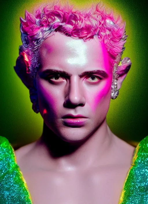 Prompt: photo of baroque and bladerunner delicate neon diamond sculpture of ceramic seductive albino prince oscar isaac delicious tongue sticking out, creamy pink iridescent humanoid deity wearing red furry hoody holding diamond skull in a green metallic dungeon, reclining, glowing rainbow face, crown of white diamonds, cinematic lighting, photorealistic, octane render 8 k depth of field 3 d