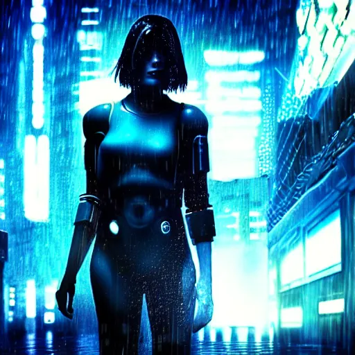 Image similar to jennifer connely as a cyborg in a cyberpunk movie in a distopic futuristic city in the style of bladerunner, movie still, highly detailed, rainy night, volumetric lights, dramatic, scifi