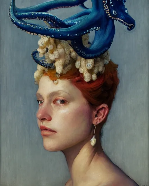 Prompt: a beautiful girl wearing an octopus as a hat, painted by edgar maxence, edward hopper, wayne barlowe and james gilleard, airbrush, art by jamesjean