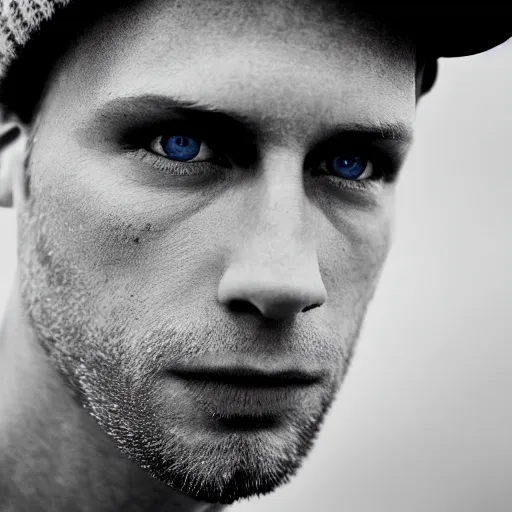 Prompt: color portrait of a beautiful blue eyed blond white male model By Emmanuel Lubezki