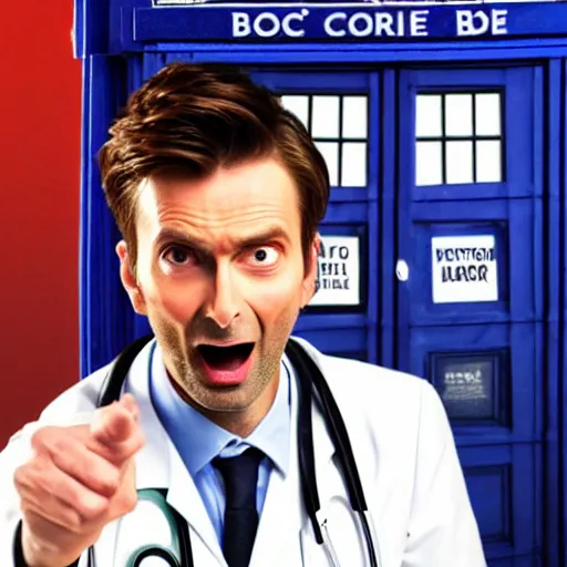 Prompt: closeup promotional image of an David Tennant as Doctor Who at a polka dance-off contest at the YMCA basketball gym, around the gym everyone is cheering, in the background the Tardis door is wide open to the interior, frenetic, quirky, movie still, promotional image, imax, digital art, hyper detailed, sharp focus, f8