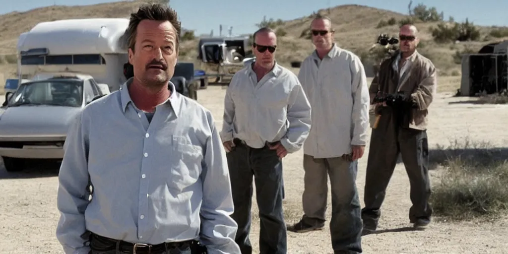 Image similar to Matthew Perry in the role of Walter White on on the set of Breaking Bad, 90mm