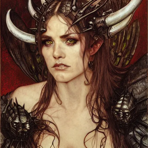 Image similar to head and shoulders portrait of an armored erinyes devil with bat wings, d & d, fantasy, luis royo, magali villeneuve, donato giancola, wlop, krenz cushart, hans zatka, klimt, alphonse mucha