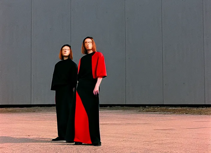 Image similar to cinestill 5 0 d closeup photographic portrait of 2 clones in front of a brutalist metal building, 2 techwear women, on a desolate plain, red sky, black oversized clothes, depth of field, 4 k, 8 k, hd, full color