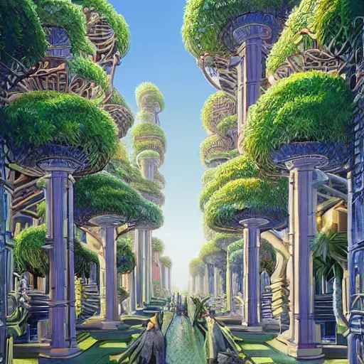 Image similar to scifi advanced city made out of plants and trees streets, modern architecture, by marianne north, by michael parkes, concept art